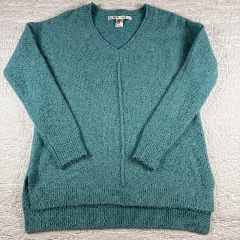 Max Studio Sweater Women XS Teal Fuzzy V-Neck Eyelash Knit Cozy Soft Loungewear